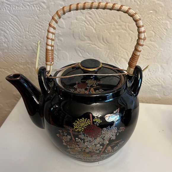 Vintage Japan Tea set black gilded floral bird teapot set with 5 gold trim cups - Picture 7 of 14